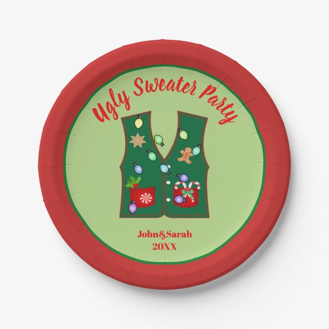 Tacky Christmas Lights Ugly Sweater party Paper Plates (Front)