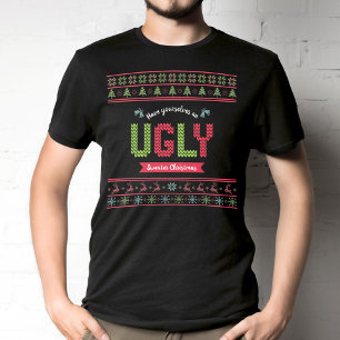 Tacky Christmas Nordic Knit Pattern Green Red Ugly T-Shirt