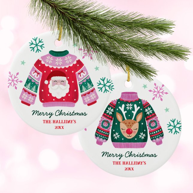 Tacky Christmas Sweater Santa Family Name Ceramic Ornament (Tacky Christmas Sweater Santa Family Name Ceramic Ornament)