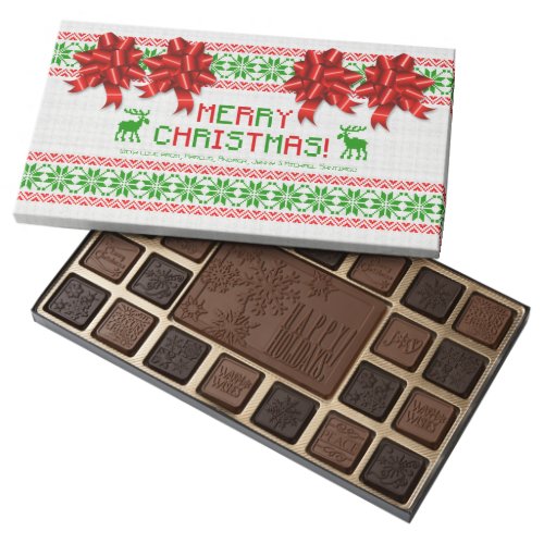 Tacky Ugly Christmas Sweater Personalized Assorted Chocolates - Red and green tacky Christmas Sweater or ugly Christmas sweater personalized box of chocolates. This is a popular theme for Xmas holiday parties. This can be given out as a 1st place prize for the tackiest or ugliest sweater. Or, give it as a gift to someone who appreciates a good ugly Christmas sweater.