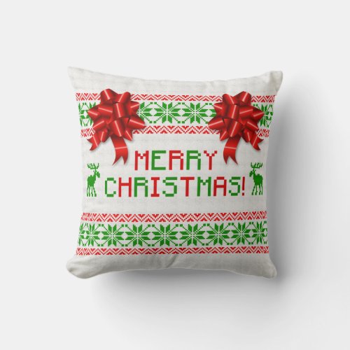 Tacky Ugly Christmas Sweater Red Green Bow Throw Pillow