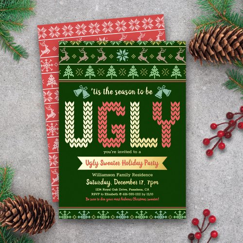 Tacky Ugly Sweater Christmas Party Green Real Gold Foil Invitation