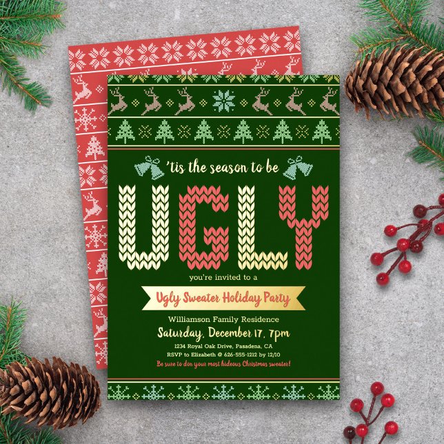 Tacky Ugly Sweater Christmas Party Green Real Gold Foil Invitation (Creator Uploaded)