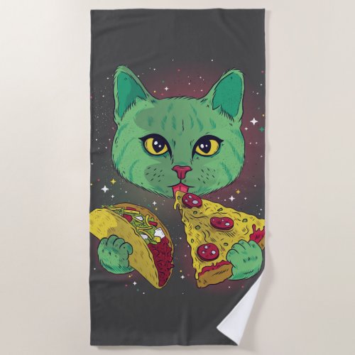 Taco and Pizza Cosmic Space Cat Beach Towel
