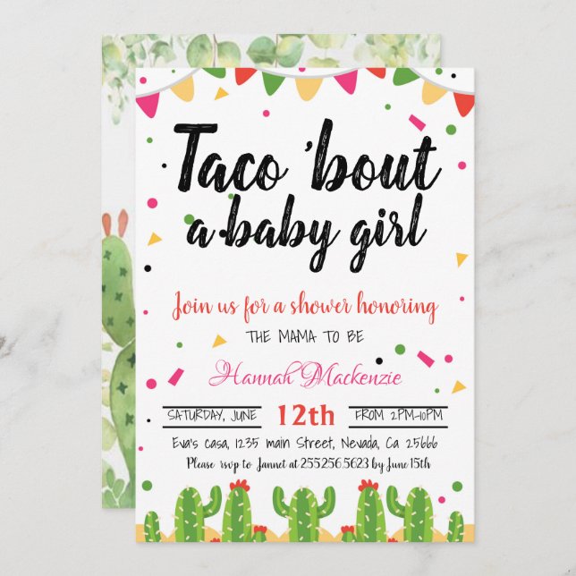 Taco baby shower invitation taco bout a baby girl (Front/Back)