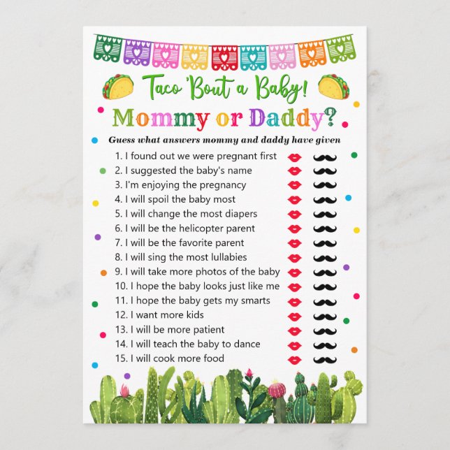 Taco Baby Shower Mommy or Daddy Advice Card (Front)