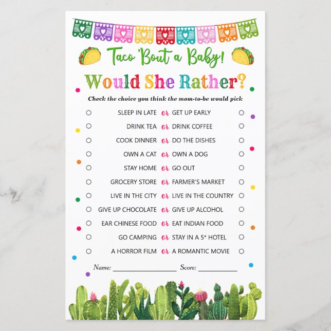 Taco Baby Shower Would She Rather Game Cacti theme (Front)