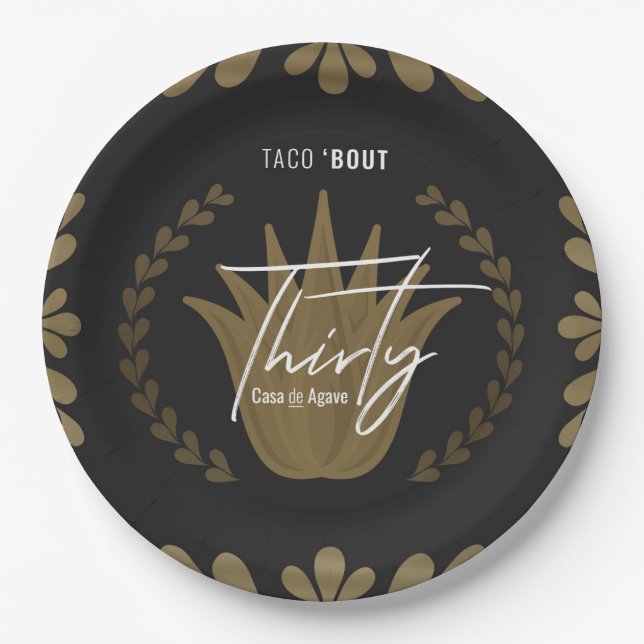 Taco' Bout 30 | Black/Gold Tequila Paper Plates (Front)