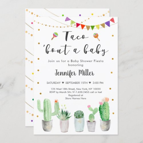Taco Bout A Baby Gold Fiesta Cactus Baby Shower Invitation