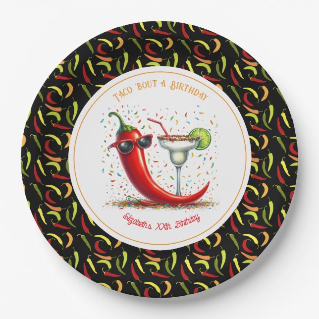 “Taco ’Bout a Birthday!” Chili-Pepper Fiesta Paper Plates (Front)
