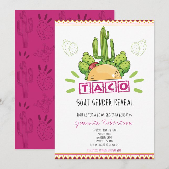 Taco 'Bout A Gender Reveal Fiesta He Or She Pink Invitation (Front/Back)