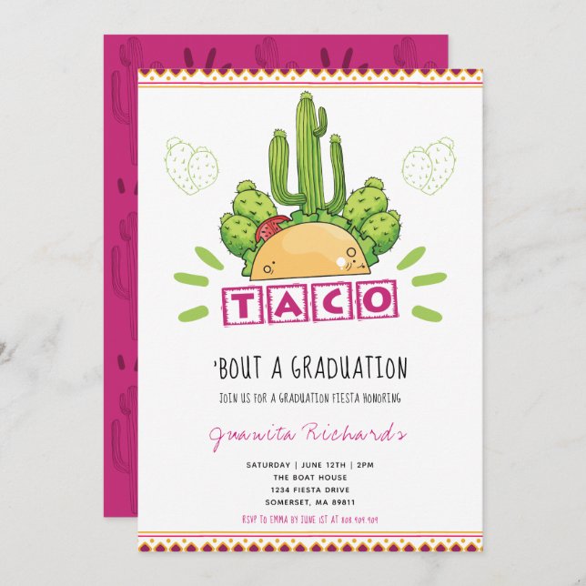 Taco 'Bout A Graduation Fiesta Graduation Pink Invitation (Front/Back)