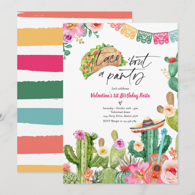 Taco 'Bout A Party 1st Birthday Fiesta Cactus Invitation (Front/Back)