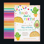 Taco bout a party - fiesta theme birthday invitation<br><div class="desc">Celebrate your darling's birthday with these ever so cute taco party invitations! This adorable design features taco,  cactus and avocado characters.  Wording reads "TACO bout a PARTY!"</div>