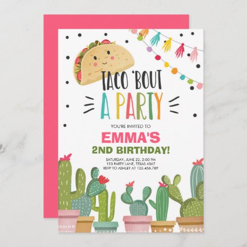 Taco Bout a Party Girl Pink Fiesta Birthday Cactus Invitation