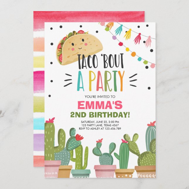 Taco Bout a Party Girl Pink Fiesta Birthday Cactus Invitation (Front/Back)