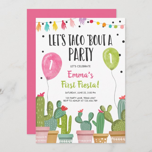 Taco Bout a Party Girl Pink First Fiesta Birthday Invitation (Front/Back)
