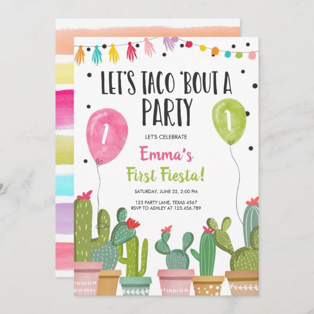 Taco Bout a Party Girl Pink First Fiesta Birthday Invitation (Front/Back)