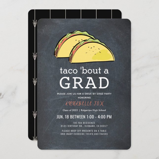 Taco Bout GRAD Chalkboard Drive-by Blk Graduation Invitation (Front/Back)