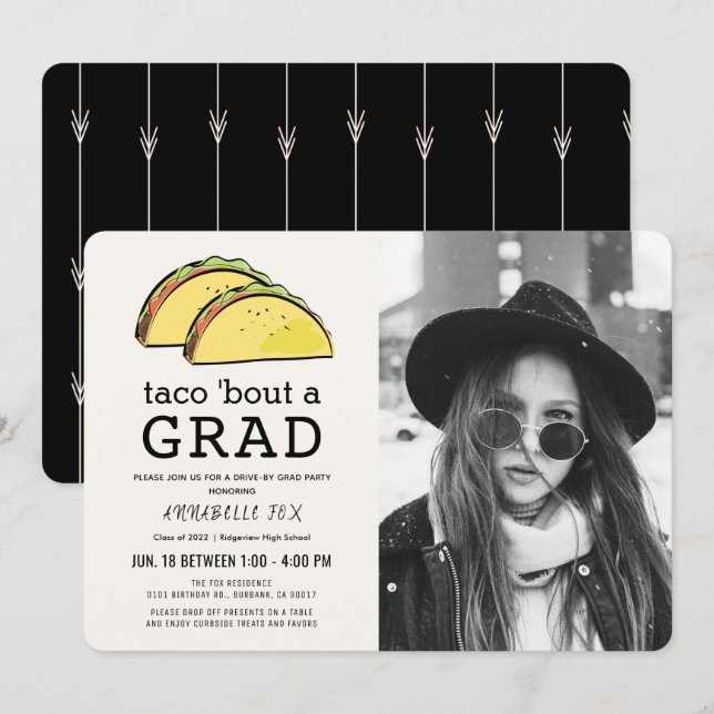 Taco Bout GRAD Photo Black Drive-by Graduation Invitation (Front/Back)