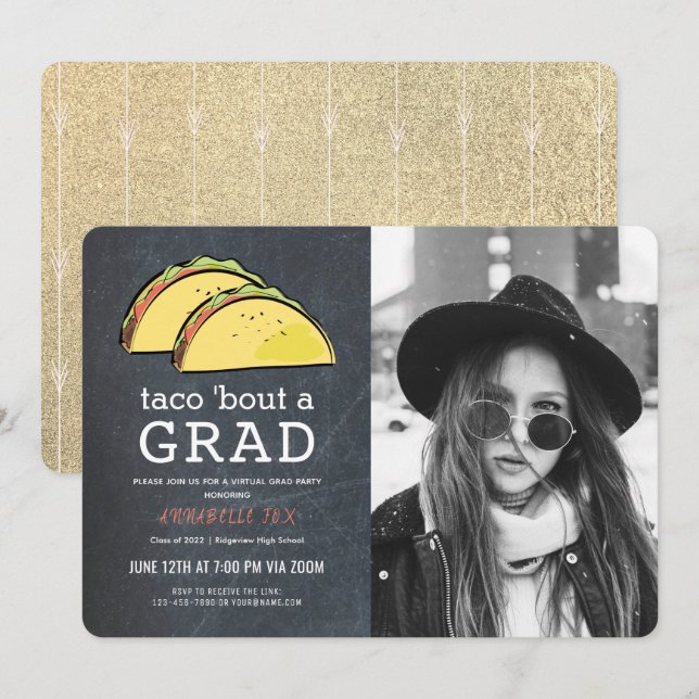 Taco Bout GRAD Photo Gold Virtual Graduation Invitation (Front/Back)