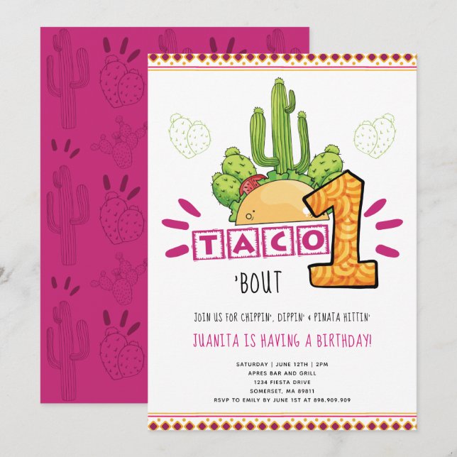 Taco Bout One | First Birthday Fiesta Pink Invitation (Front/Back)