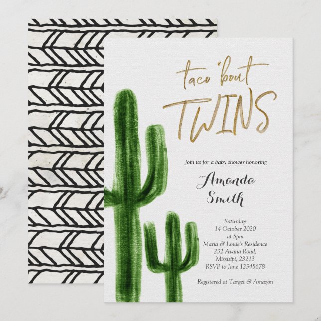 Taco bout twins Cactus baby Shower Invite card (Front/Back)