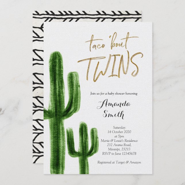 Taco bout twins Cactus baby Shower Invite card (Front/Back)
