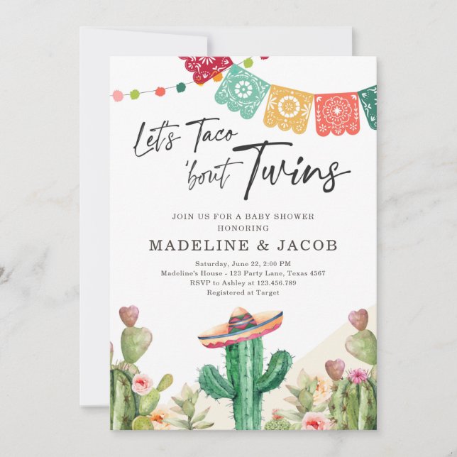Taco Bout Twins Fiesta Cactus Watercolor Baby Invitation (Front)