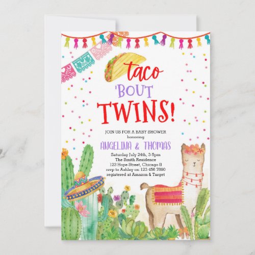 Taco Bout Twins Fiesta Llama Mexican Baby Shower  Invitation