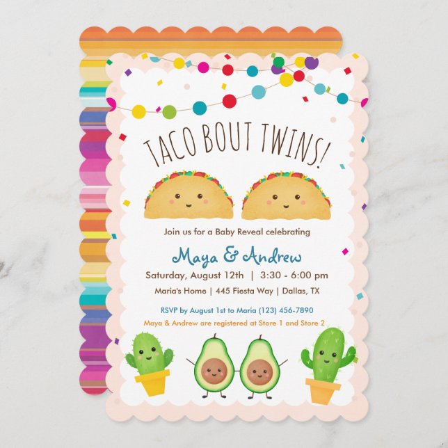 Taco bout Twins!  Fiesta theme Twin Baby Reveal Invitation (Front/Back)
