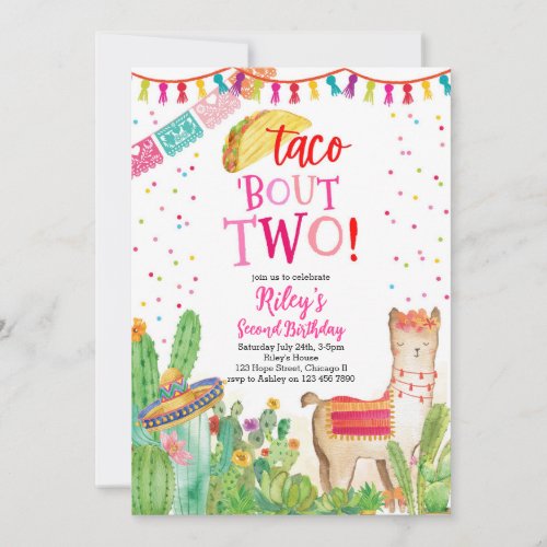 Taco Bout Two Fiesta Girl 2nd Birthday Invitation 