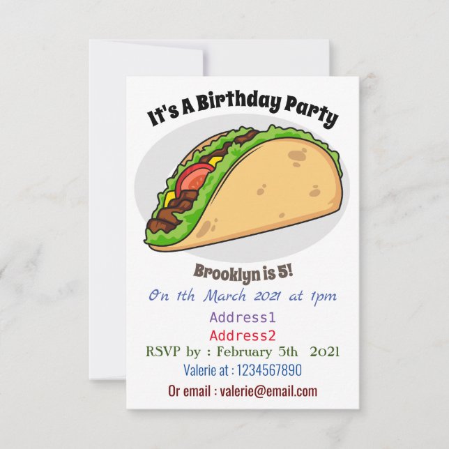 Taco cartoon illustration invitation (Front)