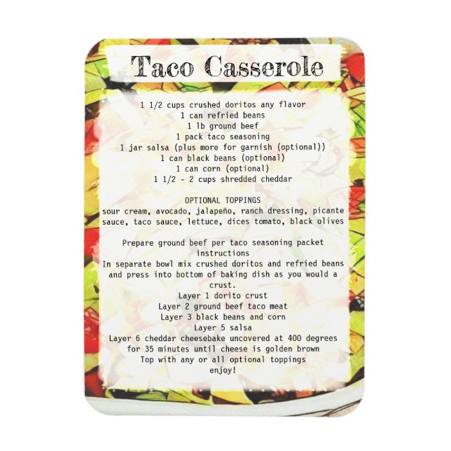 Taco casserole recipe card magnet (Vertical)
