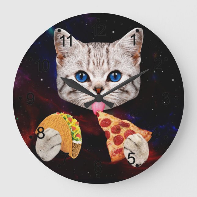 Taco, Cat and pizza Large Clock (Front)