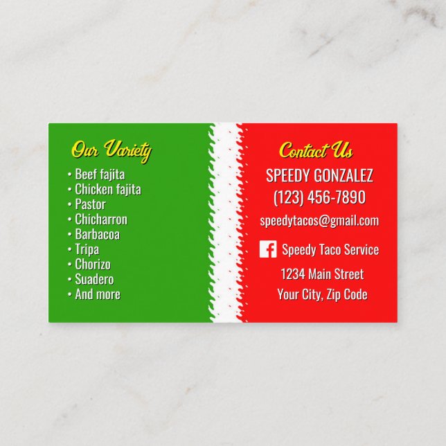 Taco Catering Service Business Cards (Back)