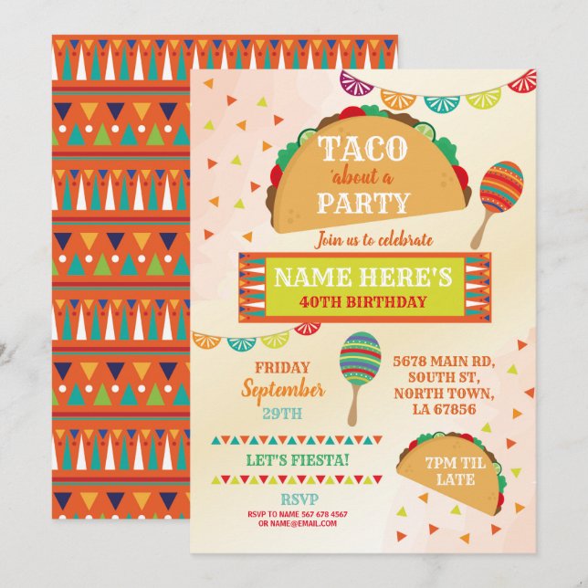 Taco Fiesta Birthday Party Mexican Bright Fun Invitation (Front/Back)