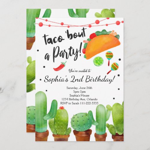 Taco Fiesta Bout Party Watercolor Cactus Invite