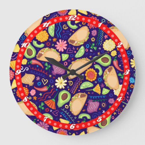 Taco Fiesta on Blue Festive Mexican Food  Flowers Large Clock