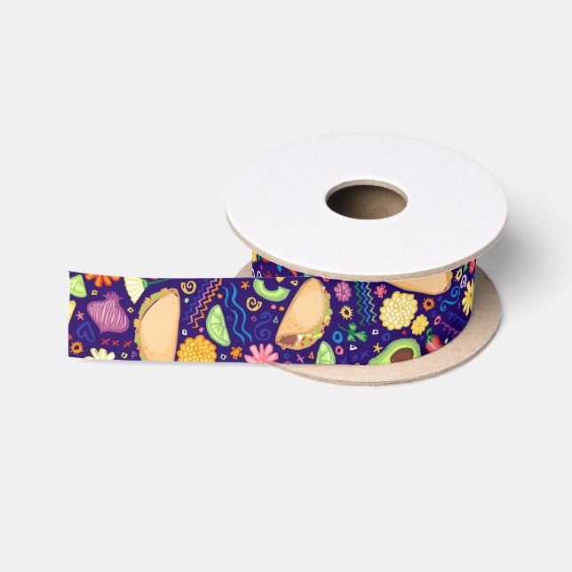 Taco Fiesta on Blue Festive Mexican Food & Flowers Satin Ribbon (Spool)