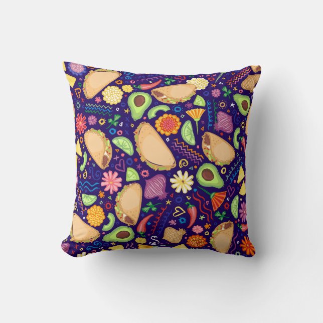 Taco Fiesta on Blue Festive Mexican Food & Flowers Throw Pillow (Front)