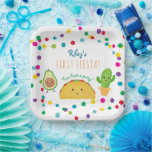 Taco first fiesta theme birthday paper plates<br><div class="desc">For the first fiesta, you'll love these adorable "Taco bout a party" birthday paper plates. Featuring ever so cute taco, cactus and avocado characters with colorful string lights all around. Wording reads "[child's name] First Fiesta with Taco bout a party underneath. Easy to customize with your own details and colors....</div>