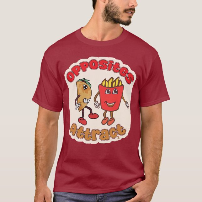 Taco Fry Opposites Attract Funny Food Cartoon T-Shirt (Front)