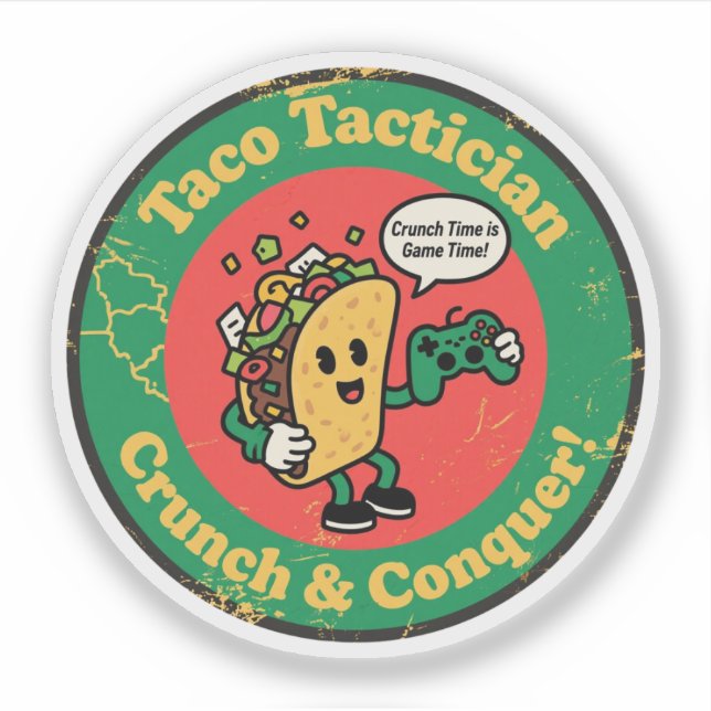 Taco Lover & Gamer "Taco Tactician Crunch Conquer" Sticker (Front)