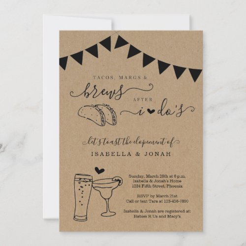 Taco Marg Brew After I Do Reception Only Elopement Invitation - Invitation features hand-drawn taco duo and beer and margarita toast artwork on a wonderfully rustic kraft background.

Coordinating RSVP, Details, Registry, Thank You cards and other items are available in the 'Rustic Brewery Line Art' Collection within my store.