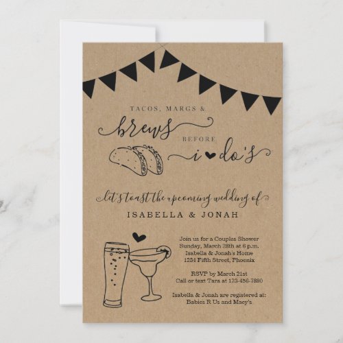 Taco Marg Brew Before I Dos Couples' Bridal Shower Invitation - Invitation features hand-drawn taco duo and beer and margarita toast artwork on a wonderfully rustic kraft background for your bridal shower, couple's shower rehearsal dinner, or engagement party.

Coordinating RSVP, Details, Registry, Thank You cards and other items are available in the 'Rustic Brewery Line Art' Collection within my store.