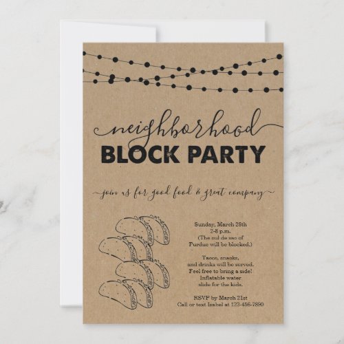 Taco Neighborhood Block Party Invitation - Taco Neighborhood Block Party Invitation - Hand drawn string lights and tacos on a wonderfully rustic kraft background for your celebration. 

Coordinating RSVP, Details, Registry, Thank You cards and other items are available in the 'Wonderfully Simple' Collection within my store.