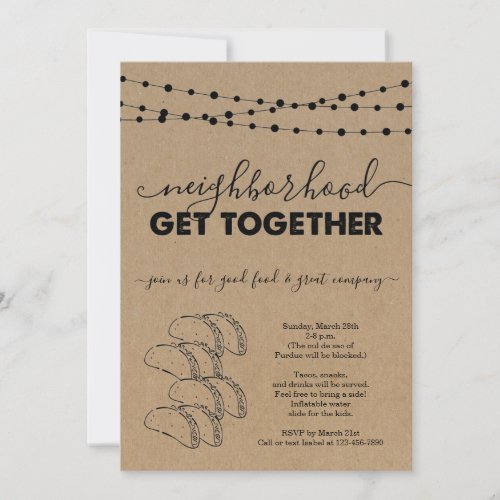 Taco Neighborhood Get Together Invitation - Taco Neighborhood Get Together Invitation - Hand drawn string lights and tacos on a wonderfully rustic kraft background for your celebration. 

Coordinating RSVP, Details, Registry, Thank You cards and other items are available in the 'Wonderfully Simple' Collection within my store.