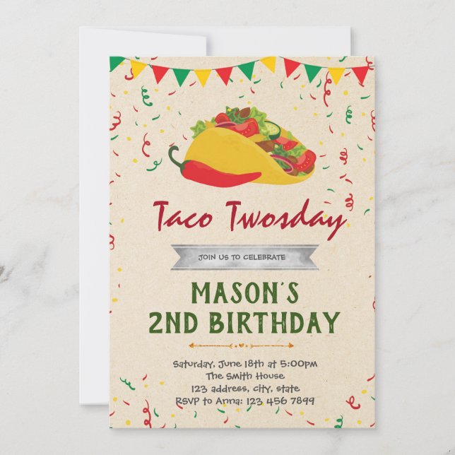 Taco theme birthday party invitation (Front)