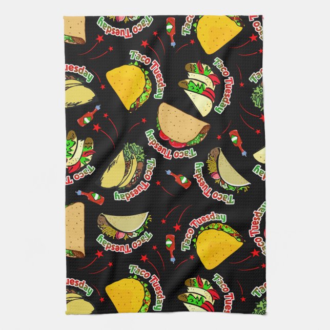 Taco Tuesday Hard and Soft Tacos Hot Sauce Black Kitchen Towel (Vertical)
